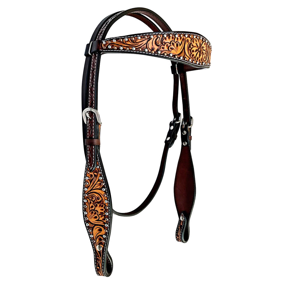 Floral Hand Carved Horse Western Leather Headstall Brown