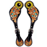 Sunflower Floral Hand Painted Horse Western Leather Spur Strap Brown
