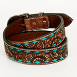 Turquoise Sunflower Floral Hand Carved Western Fashion Premium Leather Belt Brown