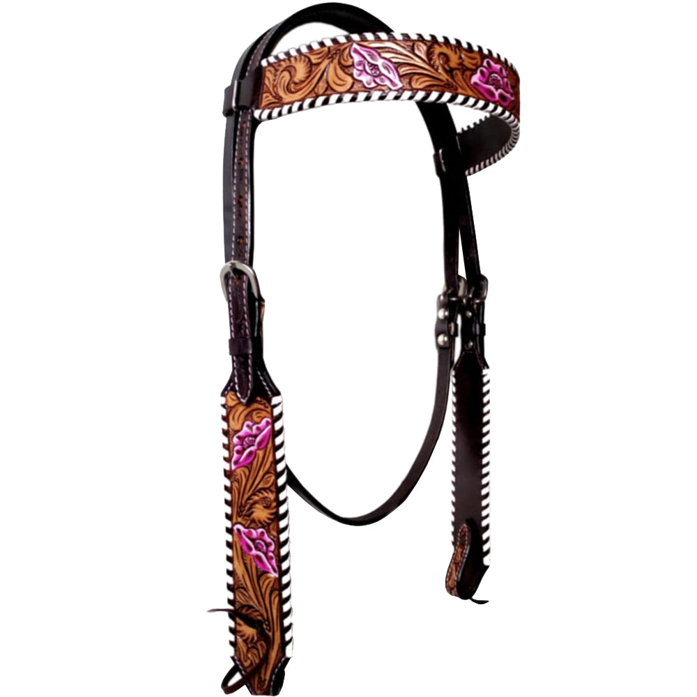 Buckstitch Floral Hand Tooled  Horse Western Leather Headstall  Dark Brown