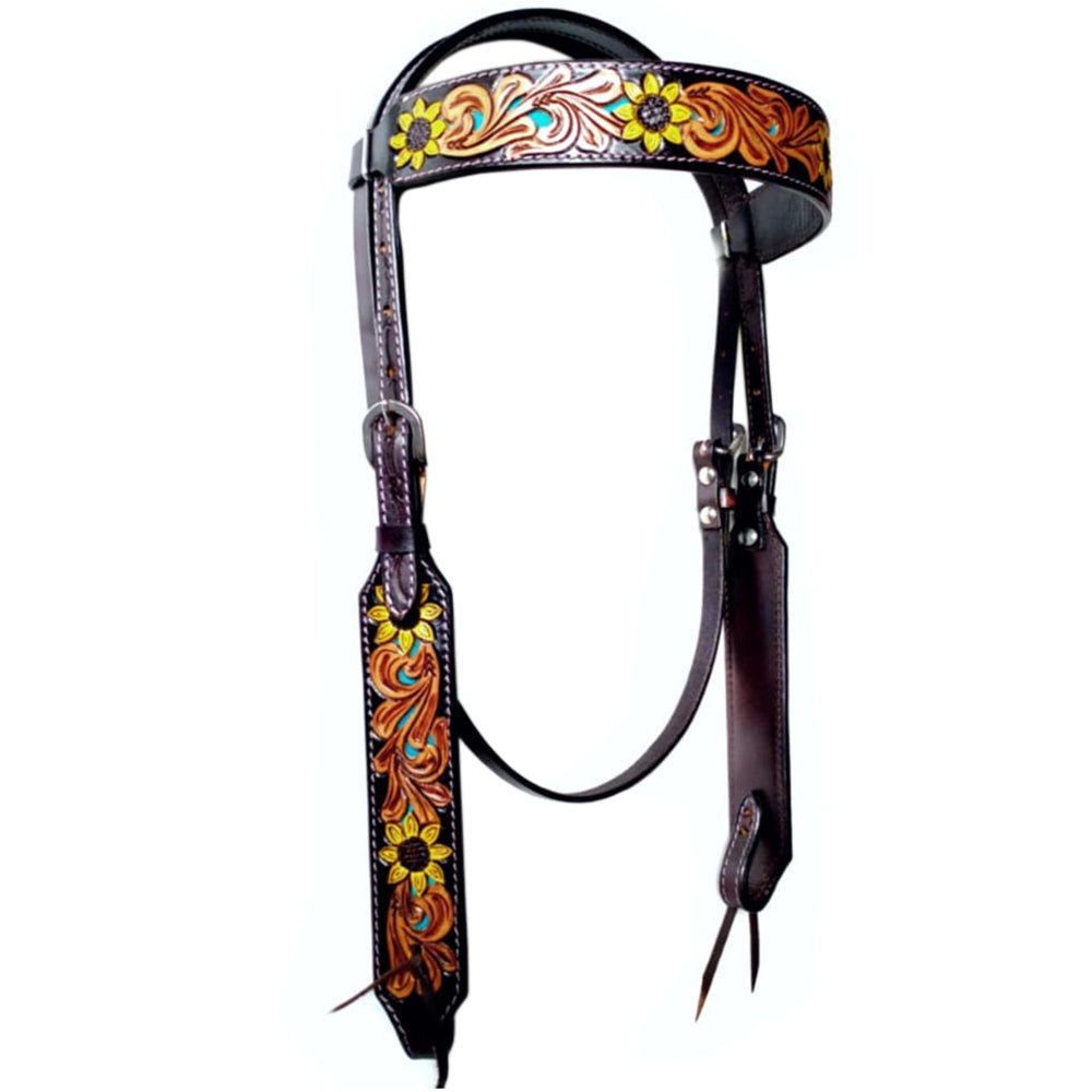 Sunflower Floral Hand Carved Horse Western Leather Headstall
