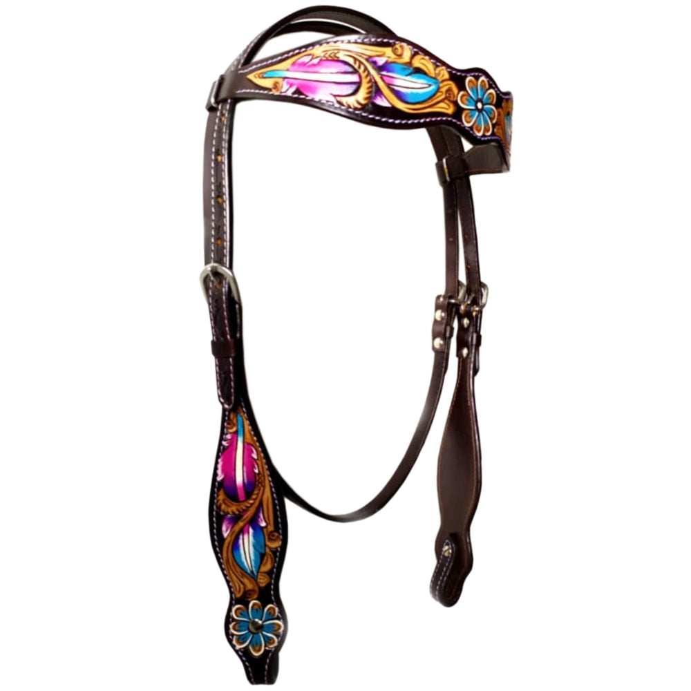 Floral Feather Hand Painted Horse Western Leather Headstall Dark Brown