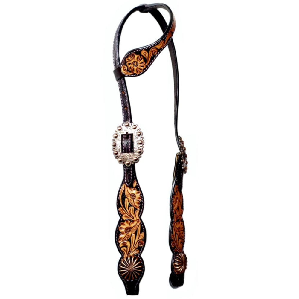 Pinwheel Floral Hand Tooled Horse Western Leather One Ear Headstall