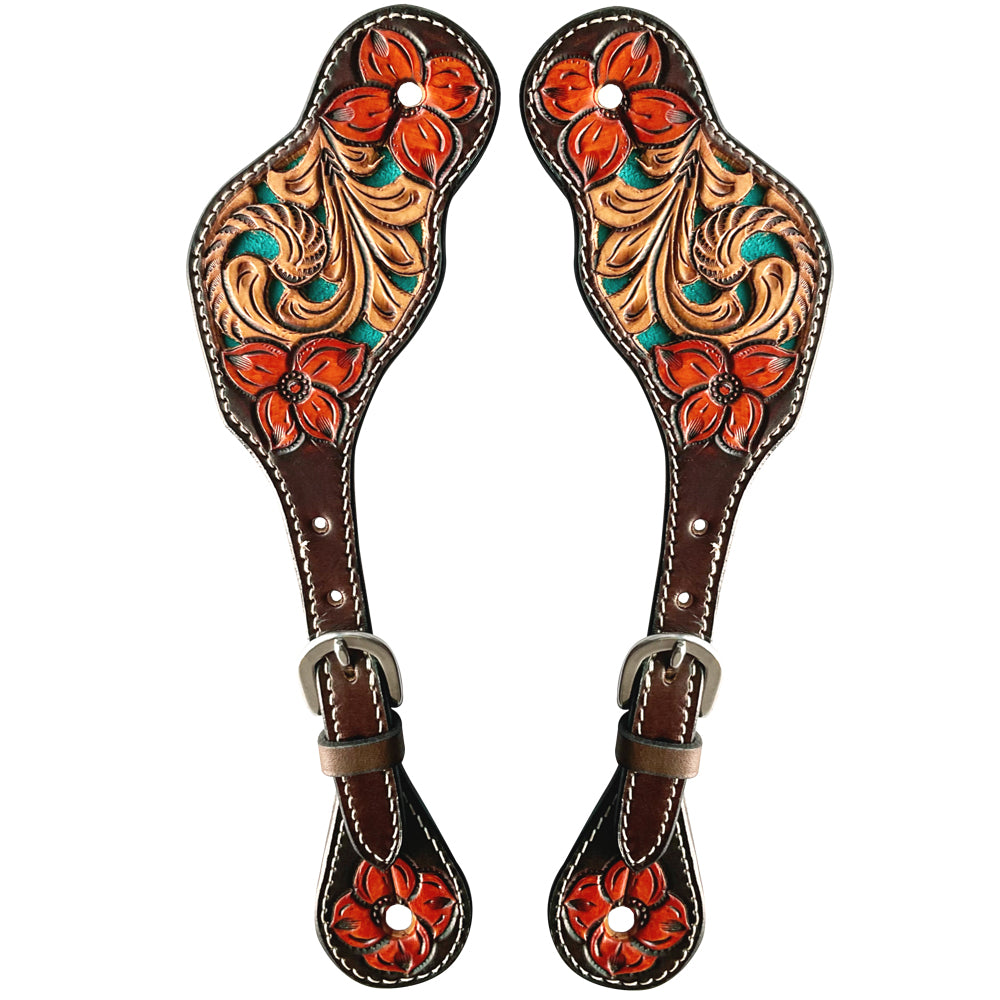 Turquoise Curved Floral Hand Painted Horse Western Leather Spur Strap Brown