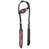 Purple Floral Hand Painted Horse Western Leather One Ear Headstall Brown