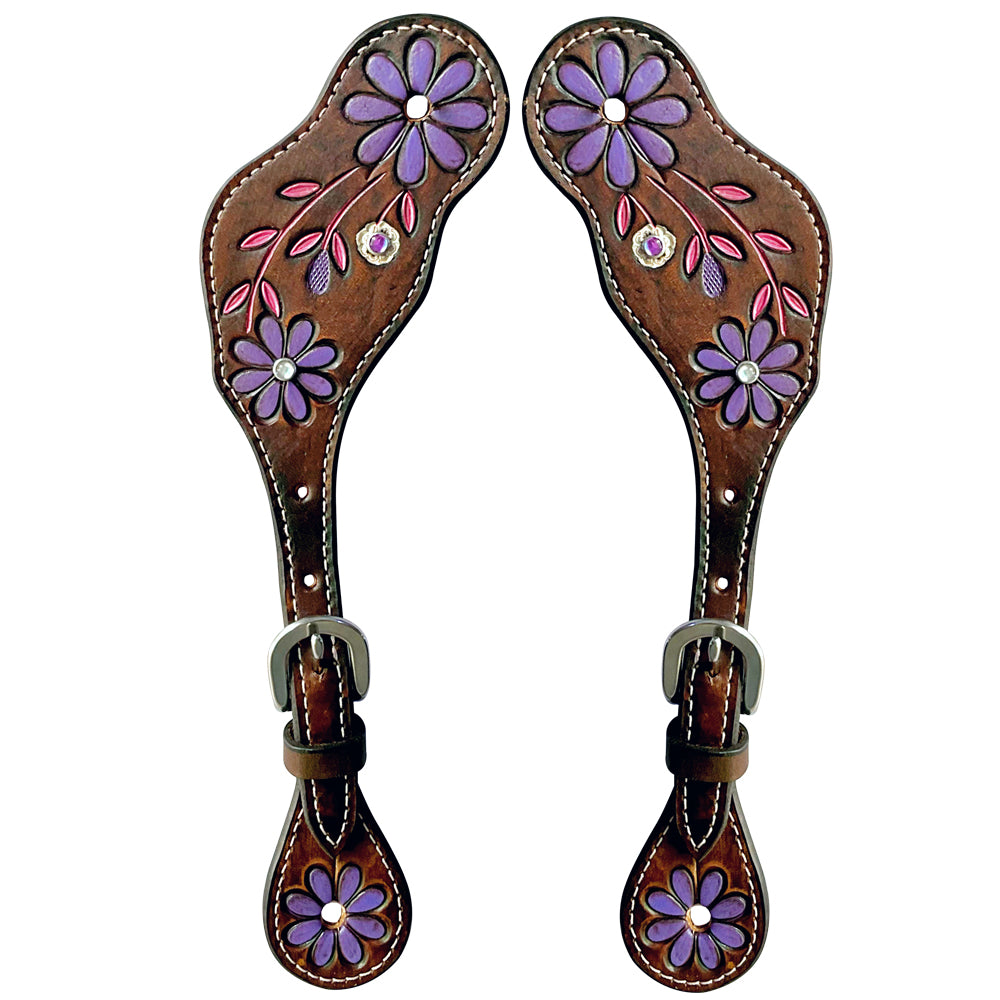 Purple Floral Hand Painted Horse Western Leather Spur Strap Brown
