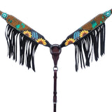 Black Fringe Sunflower feather Hand painted Horse Western Leather Breast Collar