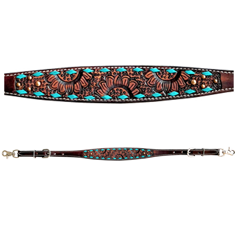 Turquoise Sunflower Hand Carved Horse Western Leather Wither Straps