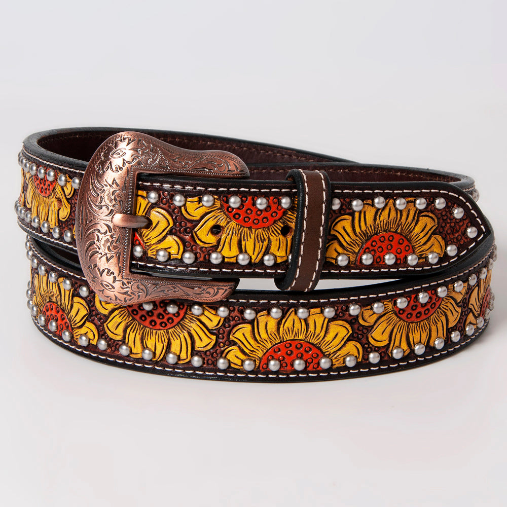 Sunflower Floral Hand Painted Western Leather Men And Women Belt Brown