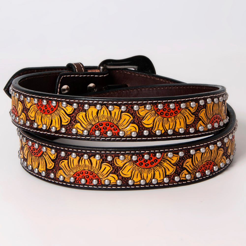 Sunflower Floral Hand Painted Western Leather Men And Women Belt Brown