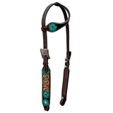 Turquoise Floral Hand Painted Horse Western Leather One Ear Headstall Dark Brown