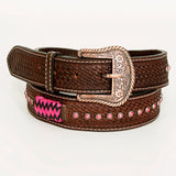 Pink Rawhide Basket Hand Tooled Western leather Men And Women Belt Brown