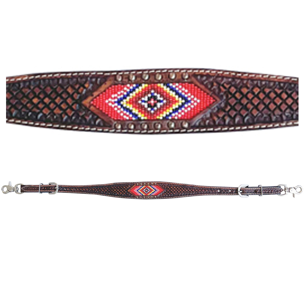 Beaded Diamond Design Hand Tooled Horse Western Leather Wither Straps