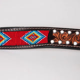 Red Beaded White Crystal Floral Hand Carved Western Men And Women Belt Brown