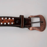 Red Beaded White Crystal Floral Hand Carved Western Men And Women Belt Brown