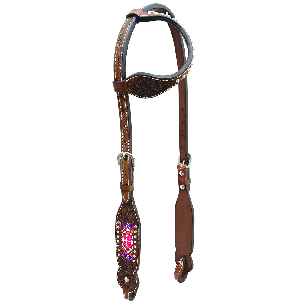 Beaded Floral Horse Western Leather One Ear Headstall Brown