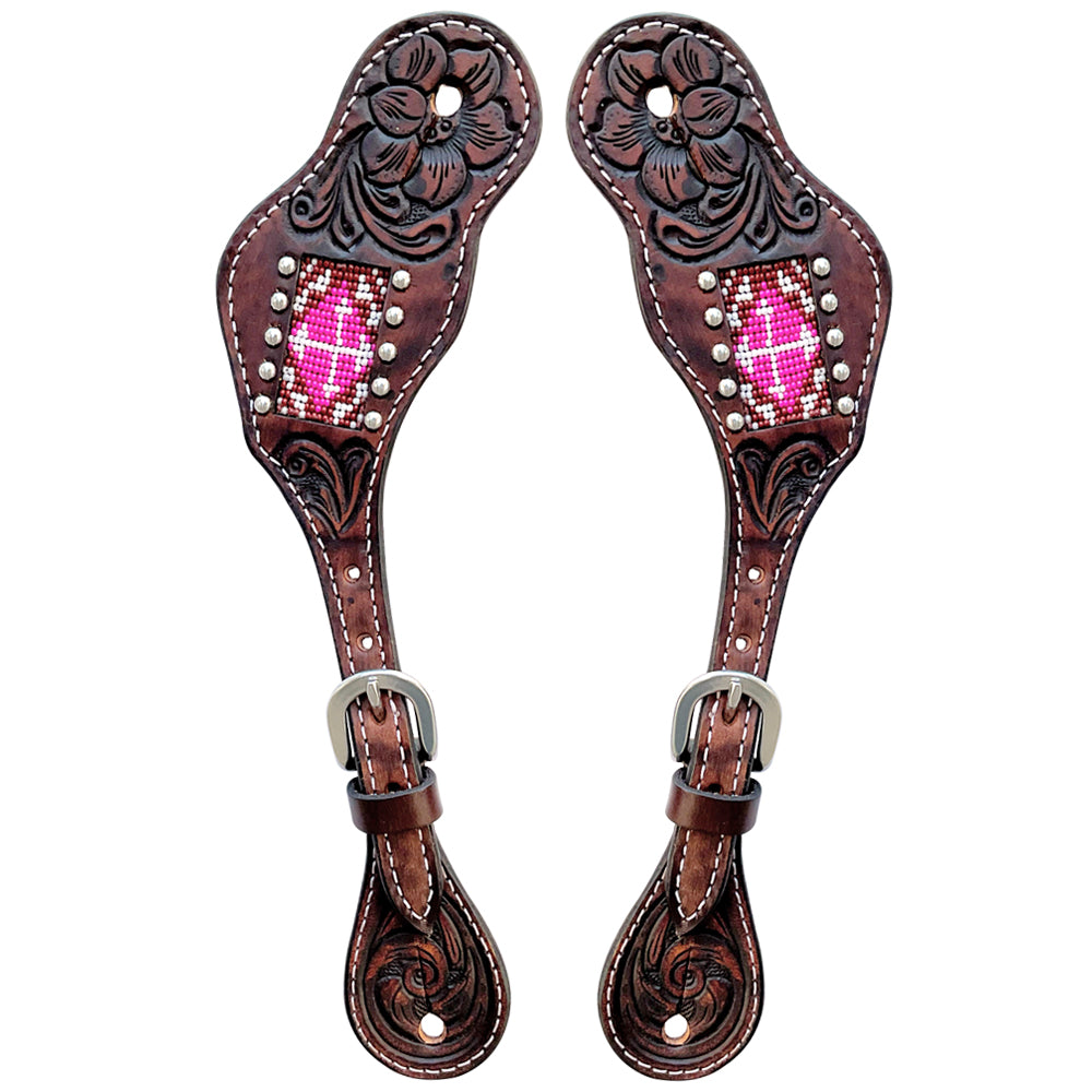 Beaded Floral Hand Tooled Horse Western Leather Spur Strap Brown