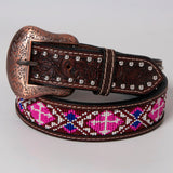 Beaded Floral Hand Carved Western Leather Men And Women Belt Antique Brown