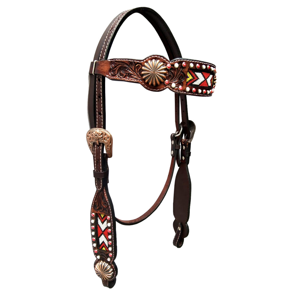 Floral Hand Tooled Beaded Horse Western Leather Headstall Brown