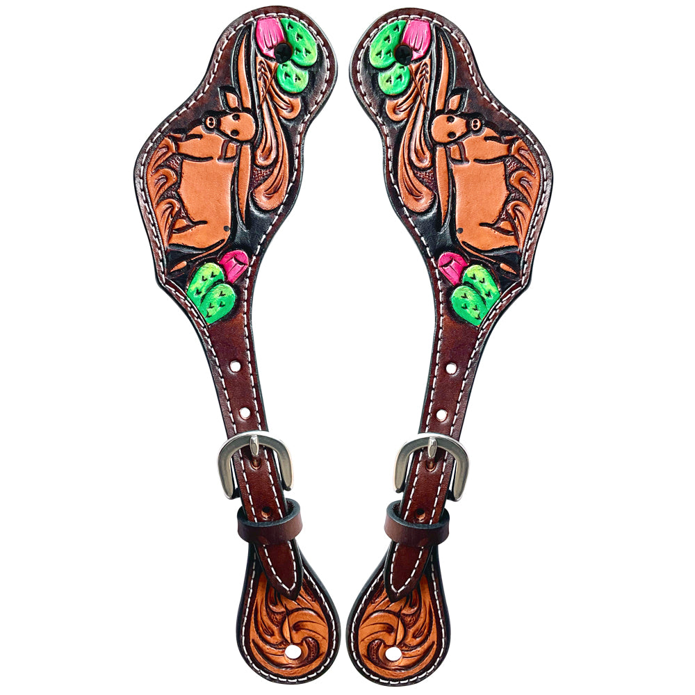 Cactus Bull Hand Carved And Painted Horse Western Leather Spur Strap Brown