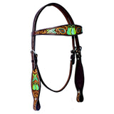 Green Pot Hand Painted Horse Western Leather Headstall  Brown