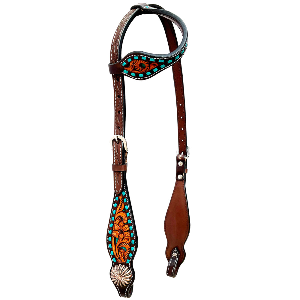 Turquoise Sierra Pinwheel Floral Horse Western Leather One Ear Headstall  Brown