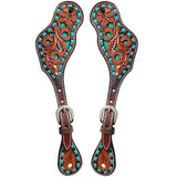 Turquoise Sierra Floral Hand Carved Horse Western Leather Spur Strap Brown