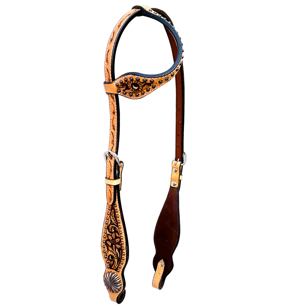 Classic Pinwheel Floral Hand Carved Horse Western Leather One Ear Headstall Tan