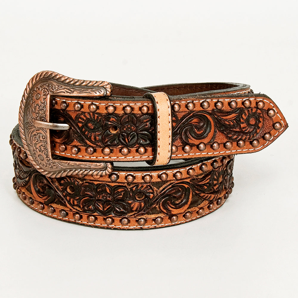 Floral Genuine Hand Tooled Western Fashion Premium Leather Belt Brown