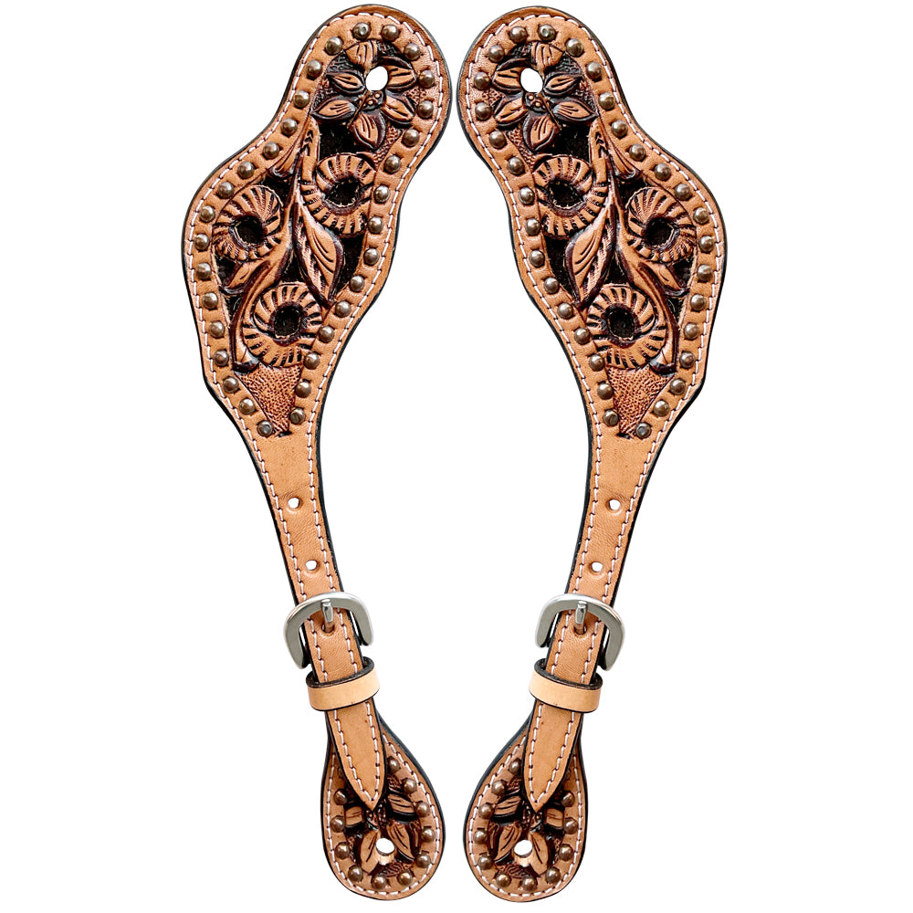 Classic Floral Hand Carved Black Inlay Horse Western Leather Spur Strap Tan