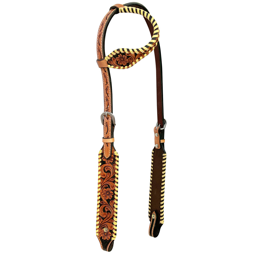 Floral Hand Tooled Black Inlay Horse  Western Leather One Ear Headstall Tan