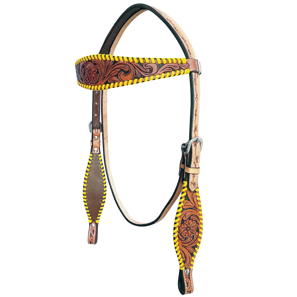 Floral Hand Tooled Black Inlay Horse Western Leather Headstall Tan