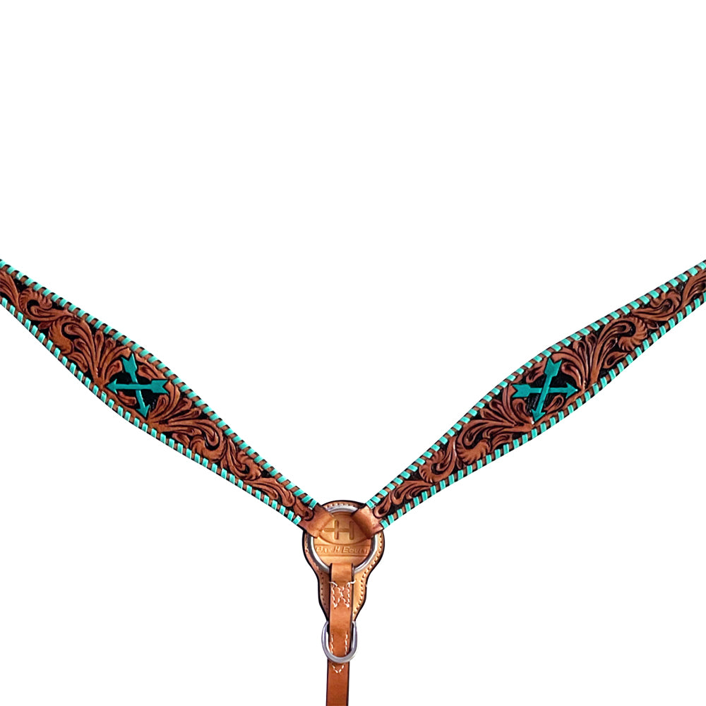 Buckstitch Turquoise Cross Arrow Hand Carved Horse Western Leather Breast Collar Tan