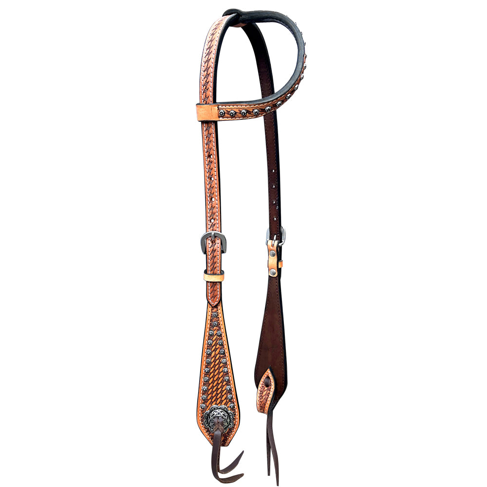 Basket Weave Design Hand Tooled Horse  Western Leather One Ear Headstall