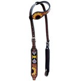 Beaded Sunflower Hand Painted  Horse Western Leather One Ear Headstall Brown