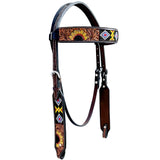 Sunflower Hand Painted And Beaded Western Leather Headstall