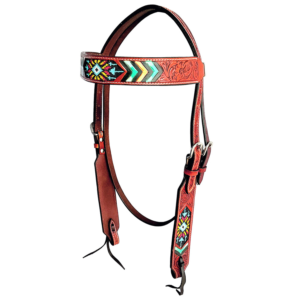 Floral Beaded Hand Carved And Painted  Horse Western Leather Headstall