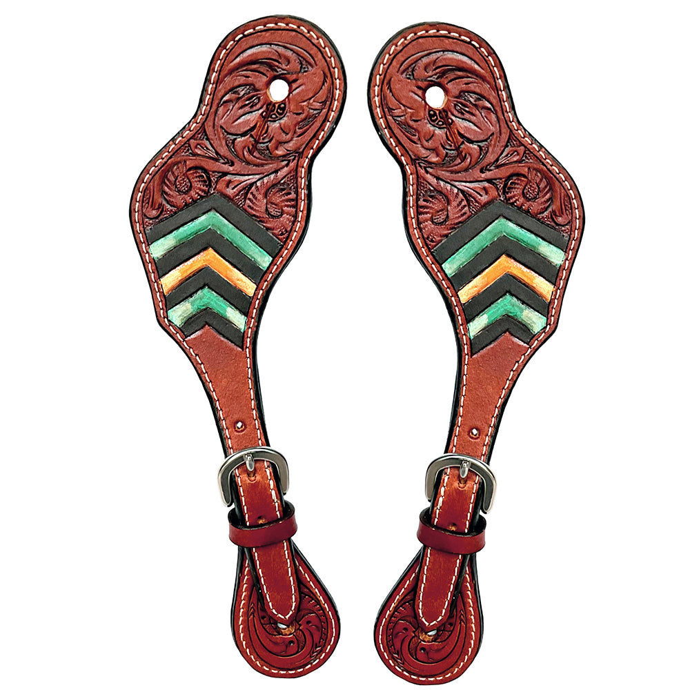 Floral Hand Carved And Painted Horse Western Leather Spurs Strap