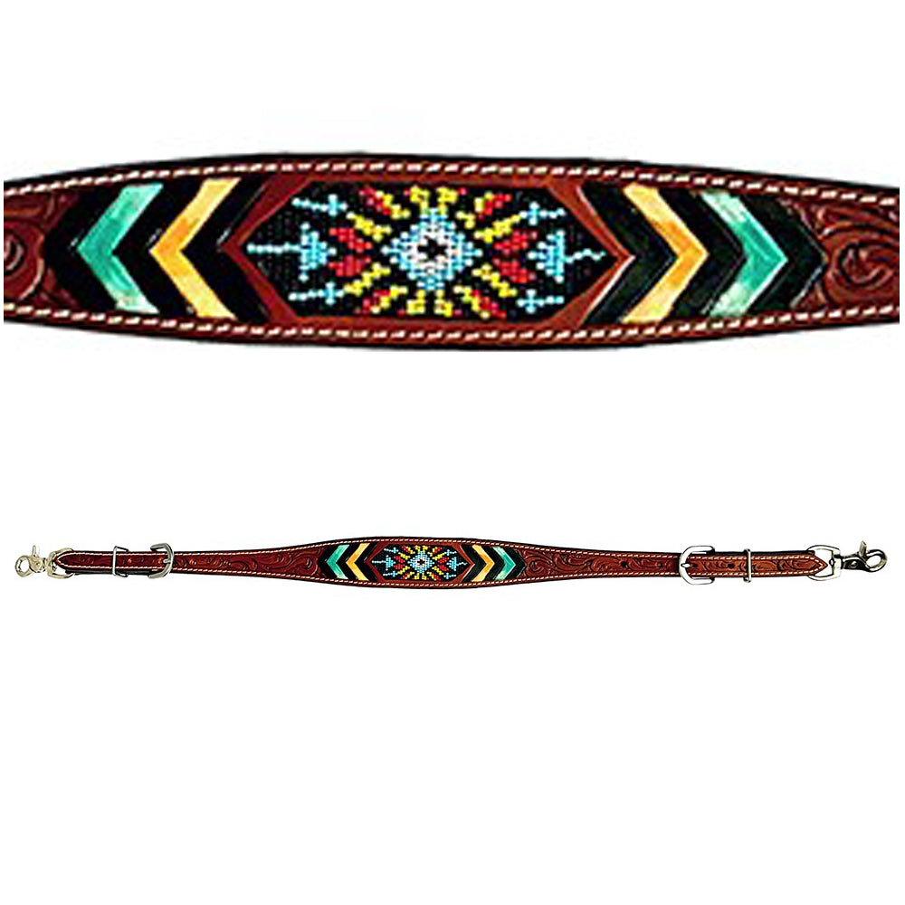 Beaded Leaf Hand Carved And Painted Horse Western leather Wither Straps  Brown