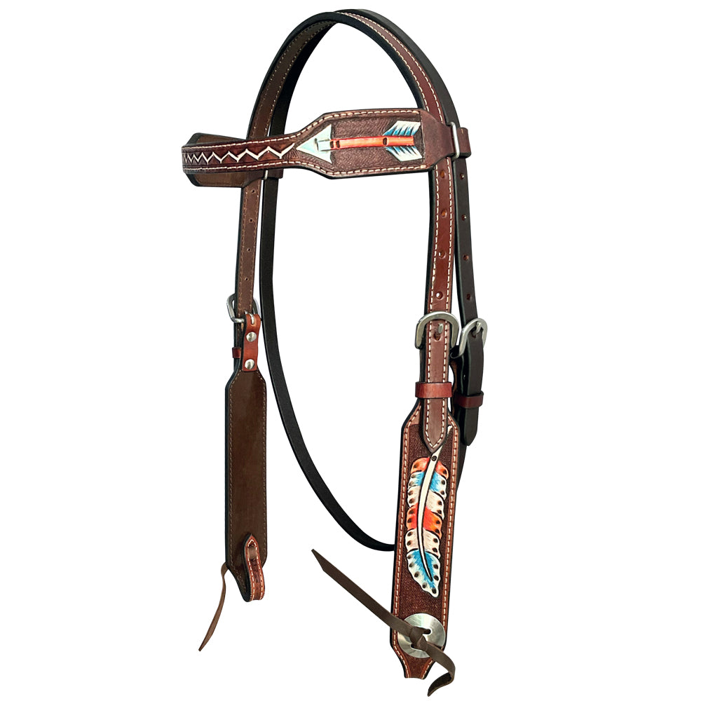 Arrow Feather Hand Painted Western Leather Headstall Brown