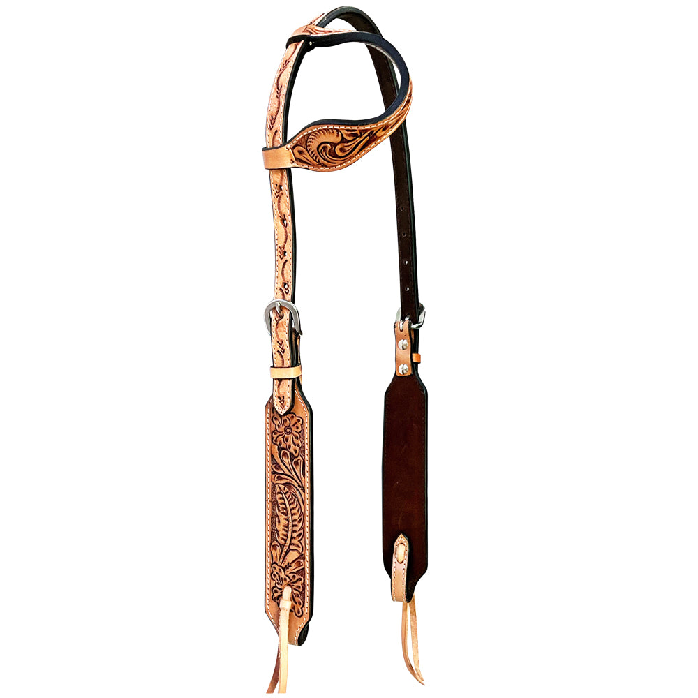 Floral Hand Carved Horse Western Leather One Ear Headstall Tan