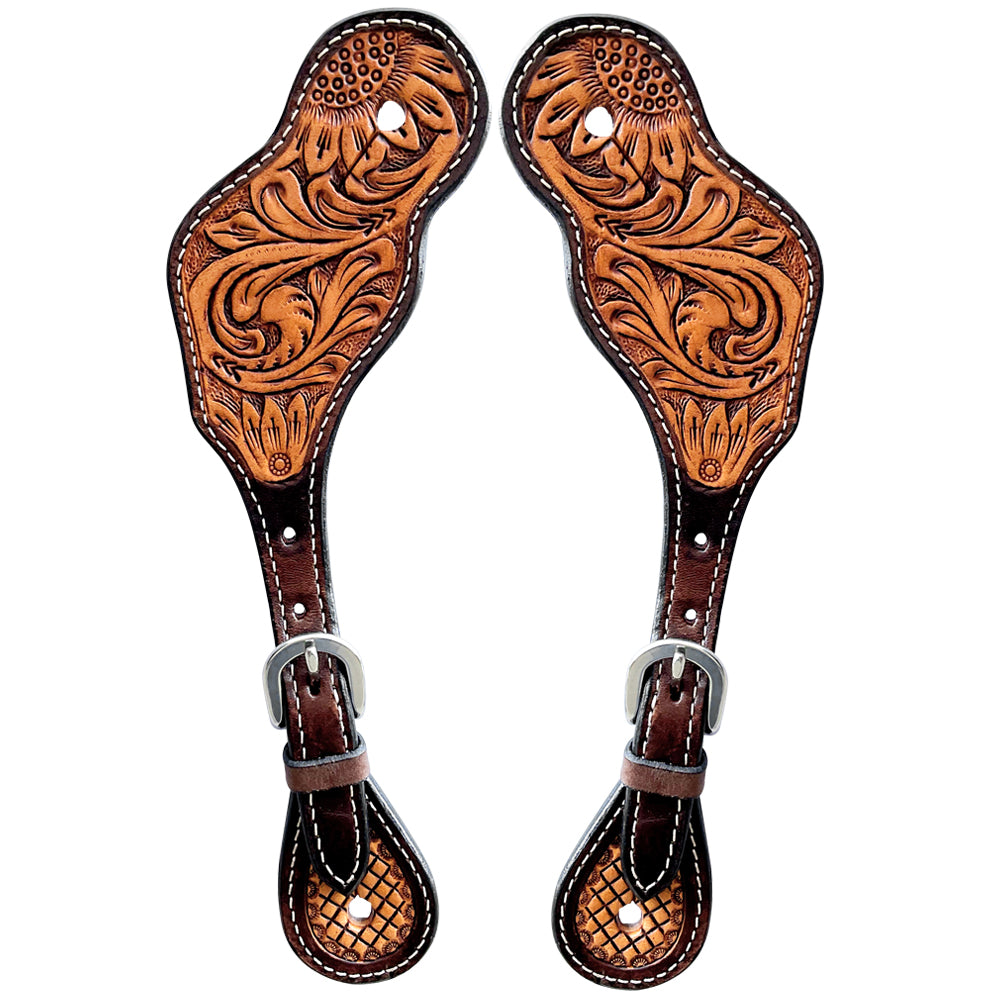Floral Hand Tooled Horse Western Leather Spurs Strap Brown