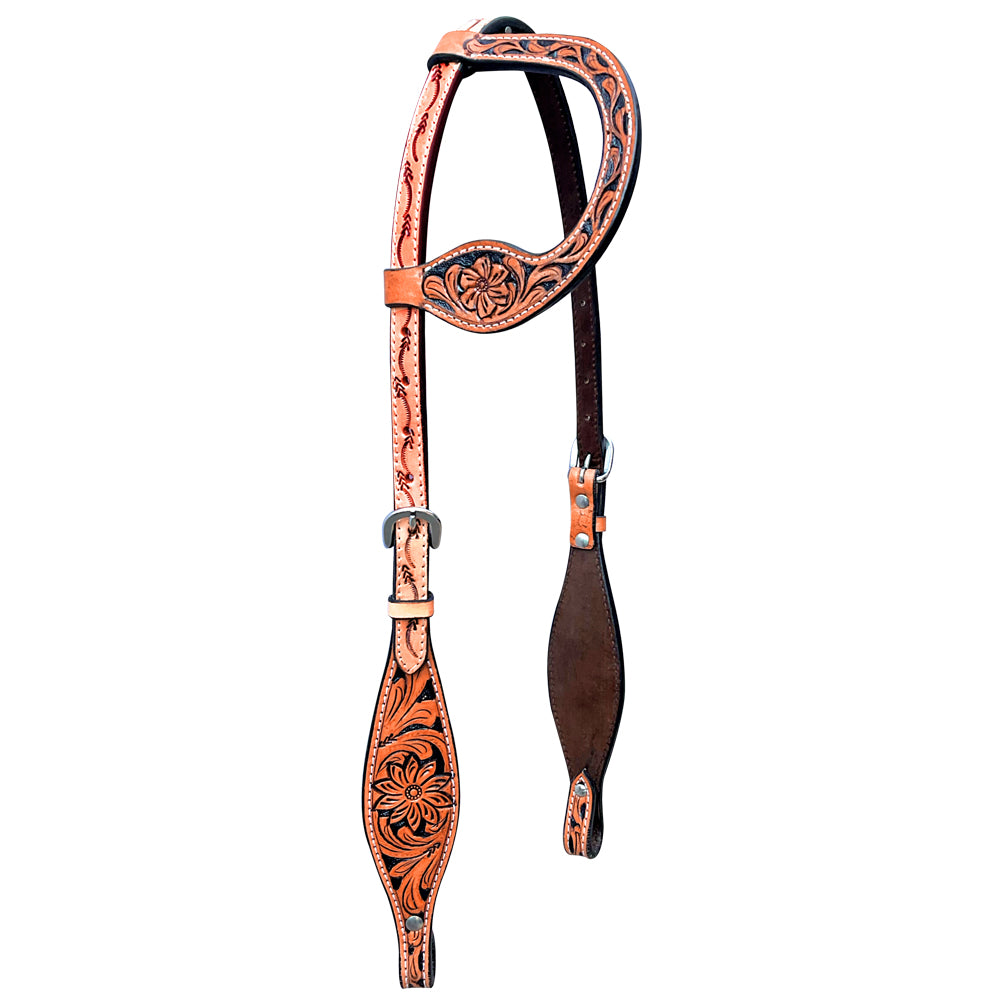 Floral Hand Tooled Black Inlay Horse Western Leather One Ear Headstall Tan
