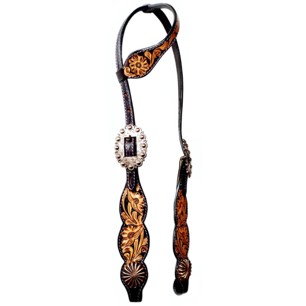 Pinwheel Floral Hand Carved Horse Western Leather One Ear Headstall