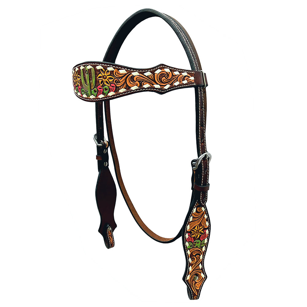 Cactus Floral Hand Painted Horse Western Leather Headstall Brown