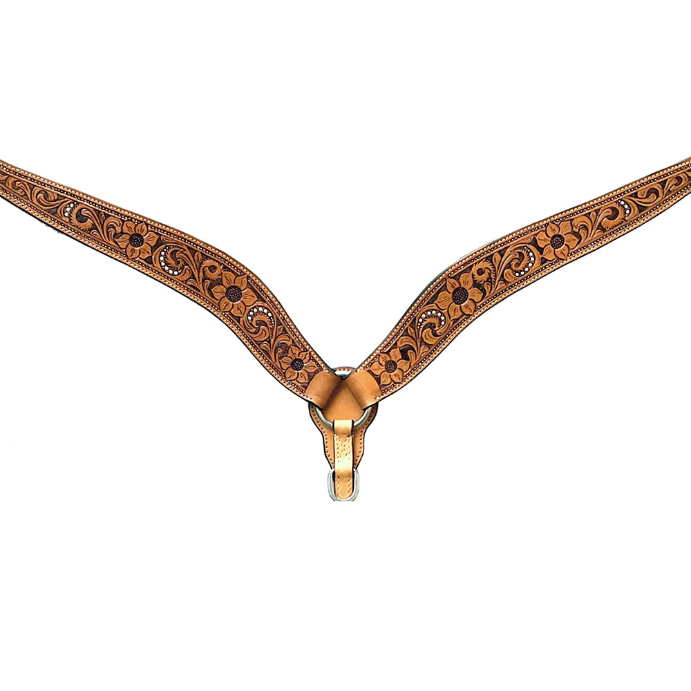 Sunflower Floral Hand Carved Horse Western Leather Breast Collar  Tan