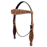 Sunflower Floral Hand Carved Horse Western Leather Headstall Tan