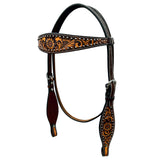 Sunflower Floral Hand Carved Horse Western Leather Headstall Dark Brown