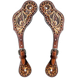 Floral Hand Carved Horse Western Leather Spur straps Brown
