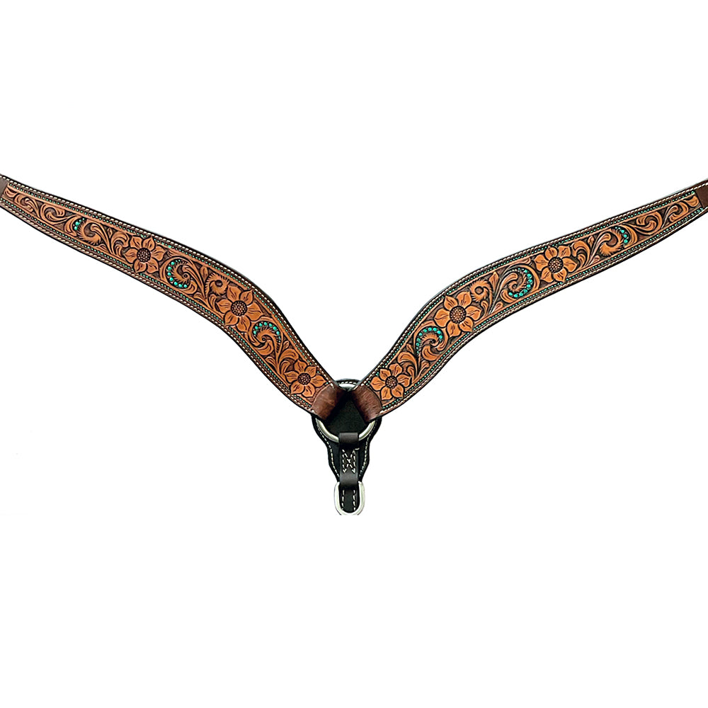 Sunflower Floral Hand Carved And Painted Horse Western Leather Breast Collar Brown
